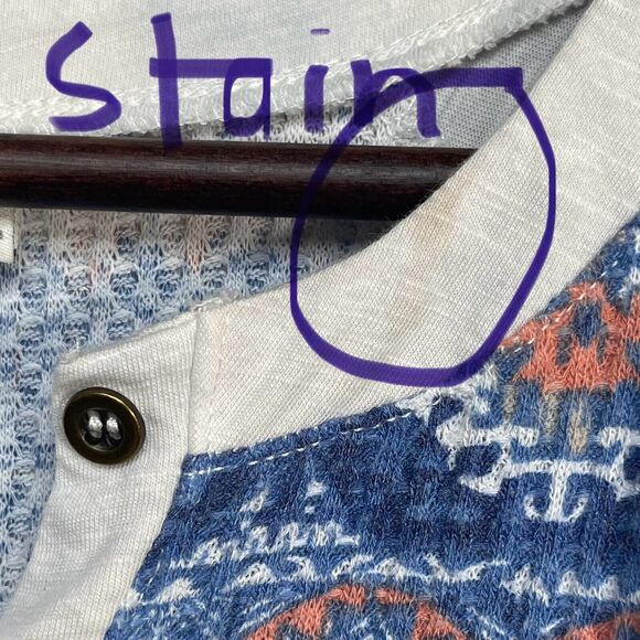 Cato Shirt Top Women Size L Blue Printed Stretch Popover Short Sleeve STAINS - Picture 3 of 14